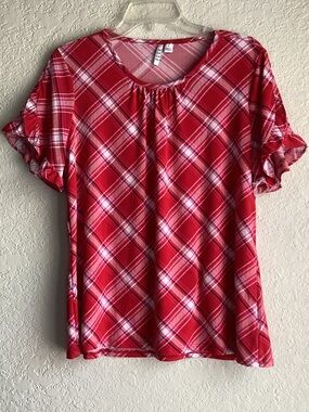 Elle Red Plaid Short-Sleeve Ruffle-Detail Top